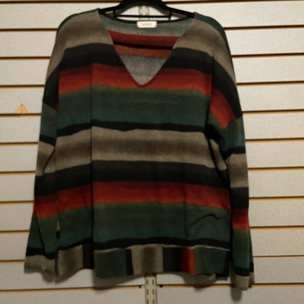 Hopely Womens Earthy Striped V-Neck Knit Sweater Green‎ Rust Grey Oversized L/XL